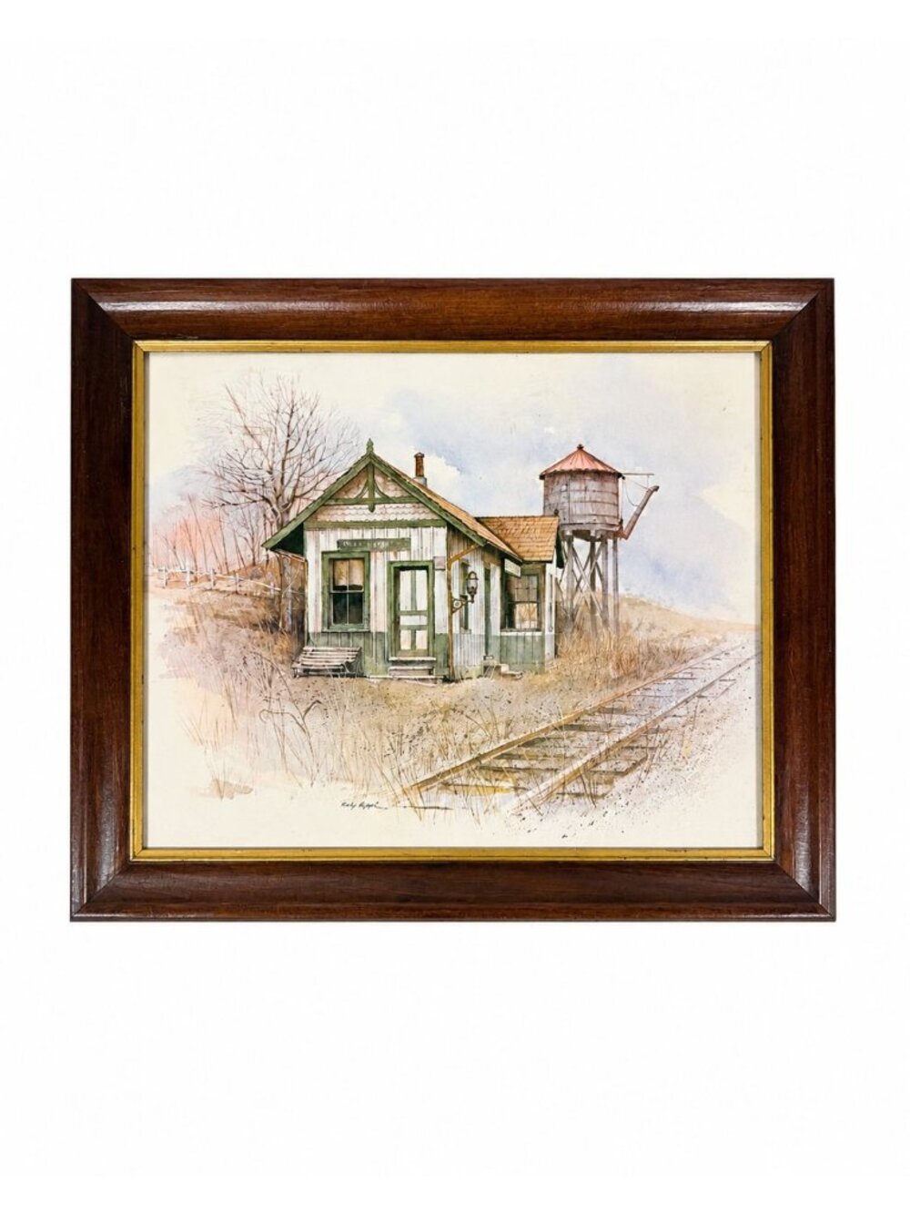 Framed Art Rural Train Station Lithograph Signed Rudy Nappi Oak Frame Country Pr